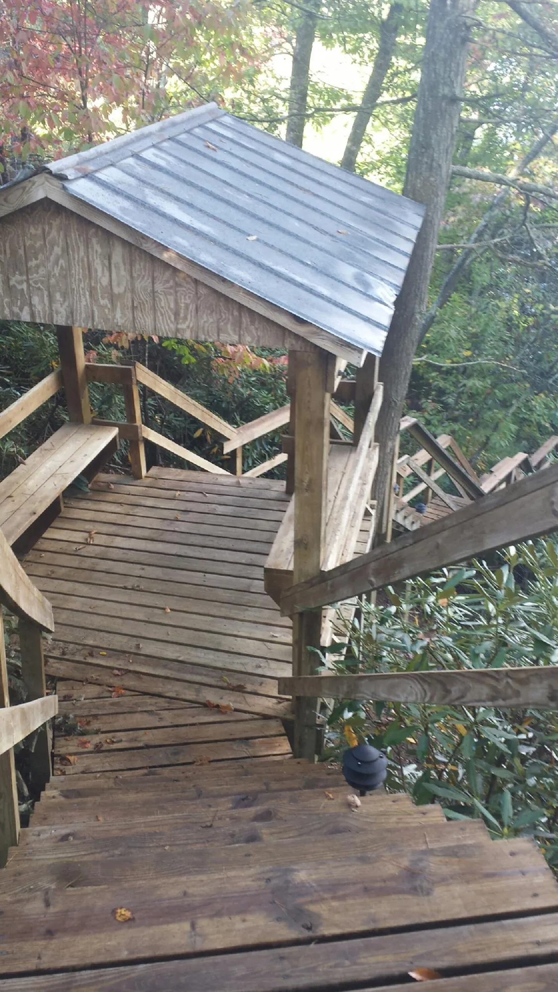 Metal roofed shelter over wooden steps on a wooded walkway — Skylight Repair & Installation work by our crew in Fort Payne